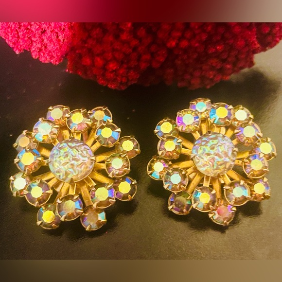 Gold and Aurora Borealis Rhinestone Starburst Clip Earrings - Picture 6 of 13